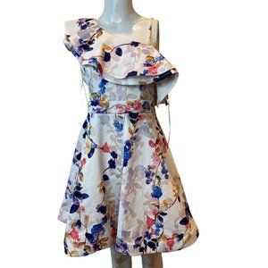 A.PEACH Womens Floral One Shoulder Mini Dress CD20468 White Blue Size Small